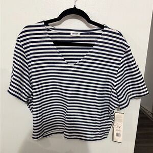 Danskin Navy and White Striped Short Sleeve Cropped Tee